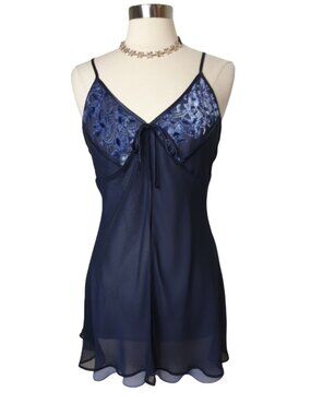 Halston Womens XL Chemise Nightgown Navy Blue Babydoll Sheer Velvet Lingerie